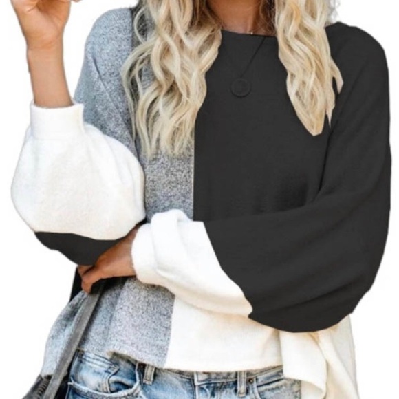 Black, White, & Gray Color Block Sweater - Picture 2 of 4